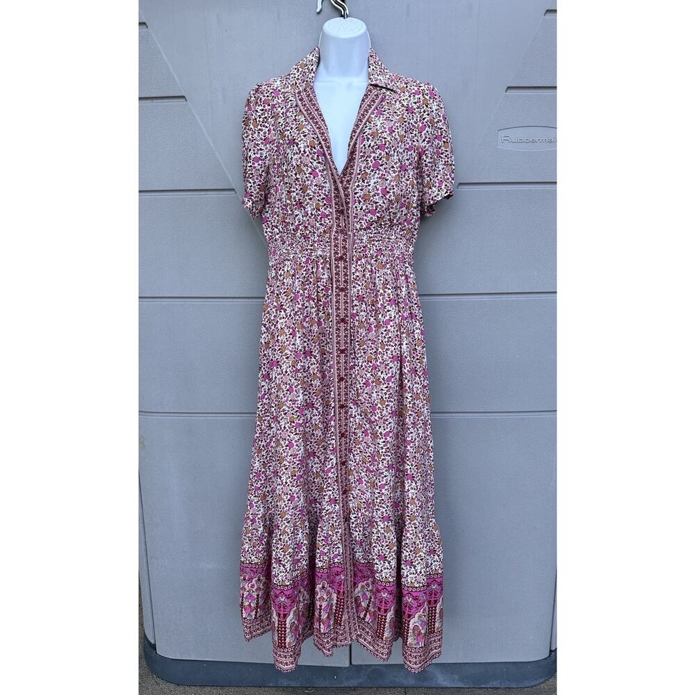 In Loom Floral Border Print Button Front Midi Dress Sz S Feminine Cottagecore - Picture 3 of 14